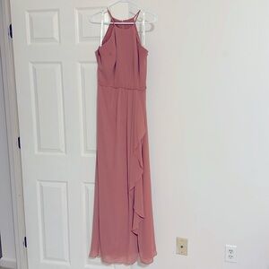 David’s Bridal bridesmaid dress in coral, full length